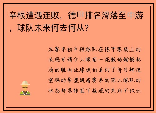 辛根遭遇连败，德甲排名滑落至中游，球队未来何去何从？