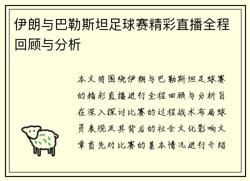 伊朗与巴勒斯坦足球赛精彩直播全程回顾与分析