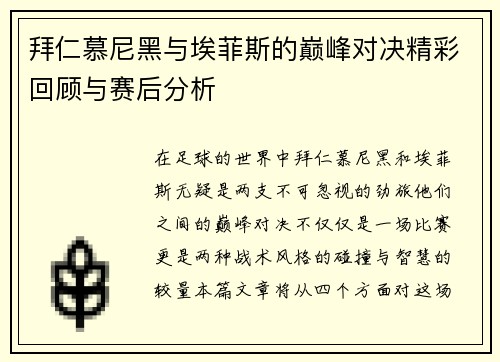 拜仁慕尼黑与埃菲斯的巅峰对决精彩回顾与赛后分析